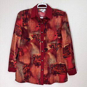 Vintage Lori By AM Casuals Size M Women Red Floral Button up Tunic Blouse Top